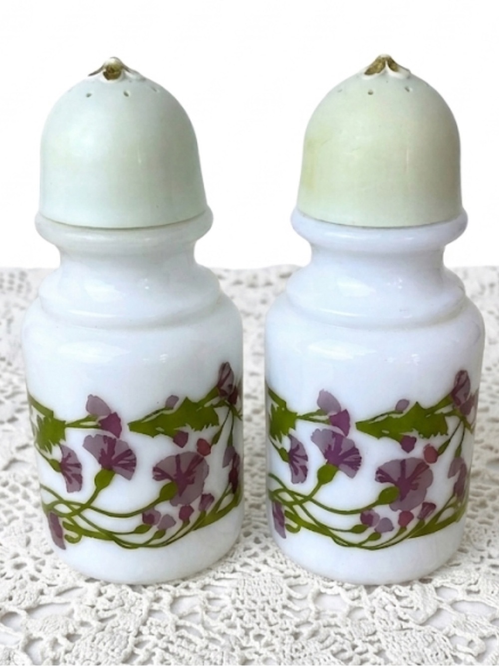 Avon Milk Glass Vintage Bath Oil Bottles White Lilac Purple Flowers 2 PC 1967